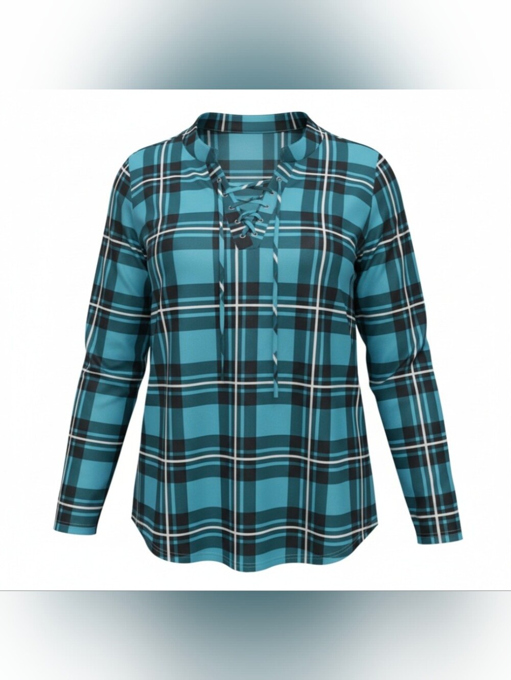 Turquoise Plaid Lace-Up Long Sleeve Top